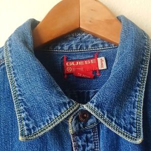 Vintage Guess Denim Long Sleeve Shirt Rear Bleach Dot Pattern Men's SZ XL